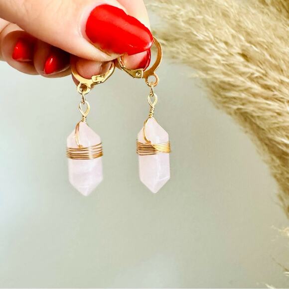 Rose Quartz Gold Handmade Boho Gemstone Crystal Hoop Earrings Hoops Jewelry - Picture 1 of 10